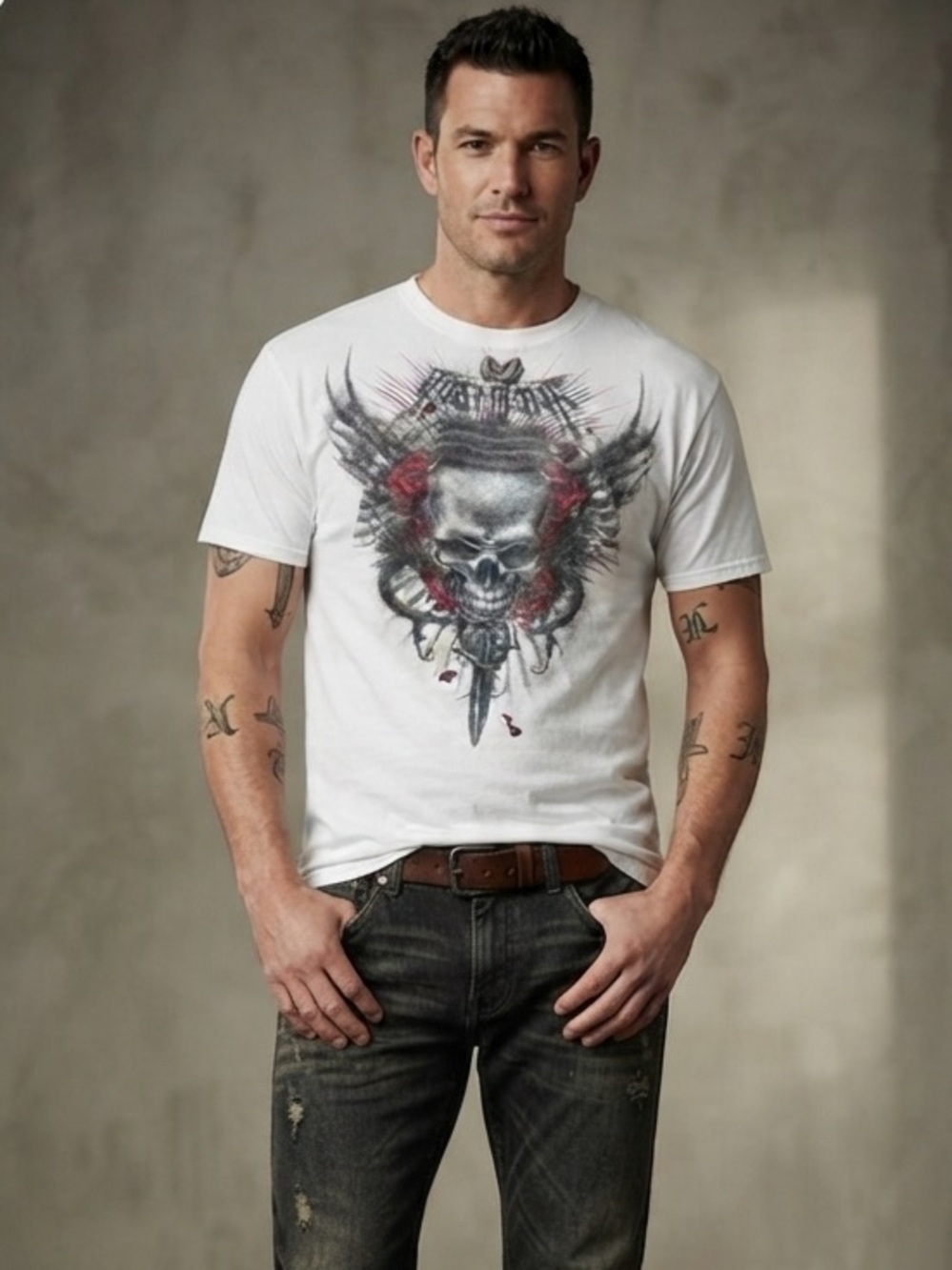 VTG Y2K MIAMI INK Shirt Men XL Skull Wings Goth Rock Grunge Biker Splatter Paint